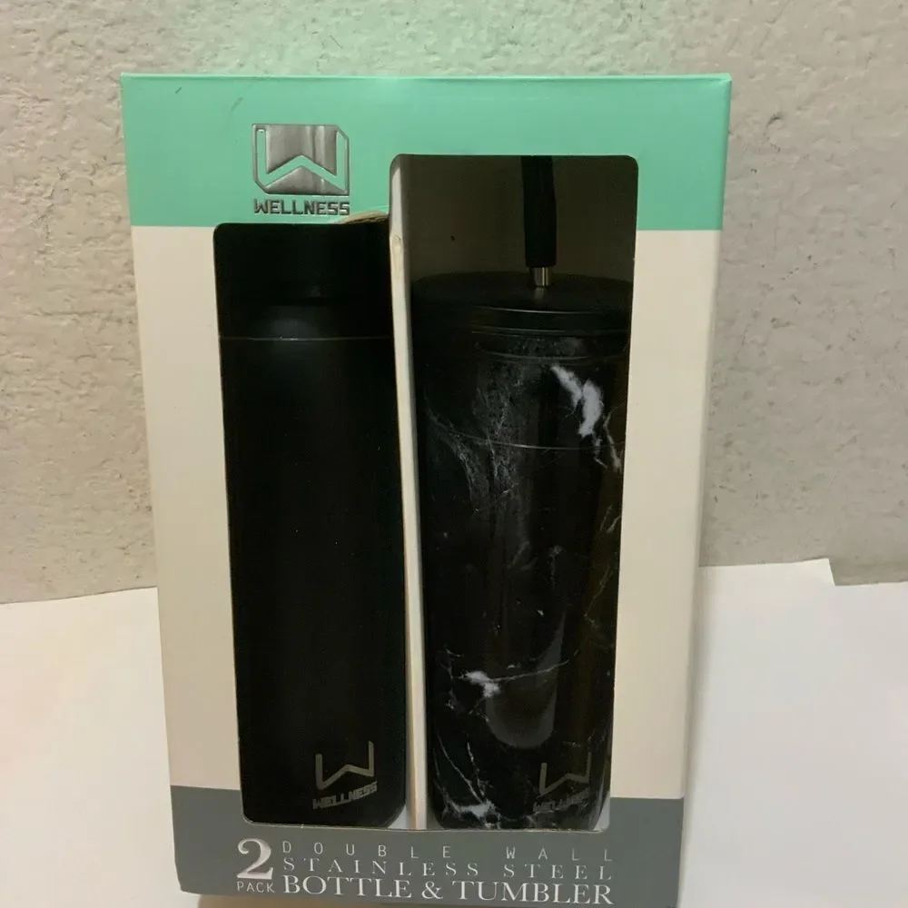 NIB WELLNESS 3-PACK DOUBLE WALL WINE BOTTLE & TUMBLER SET INSUL. BLACK MARBLE